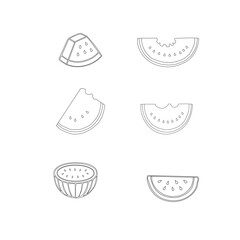 Watermelon Cartoon Icon Set Vector Design. Watermelon slices vector illustration. Fresh watermelon clipart set. Summer fruit icon collection. Watermelon line art drawing. watermelon bite mark vector.