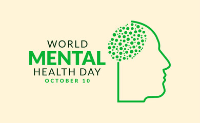 October 10 world mental health day text with human brain head vector banner design for mental patient awareness