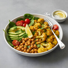 Healthy vegan salad with roasted cauliflower, chickpeas, avocado, and spinach on a gray background

