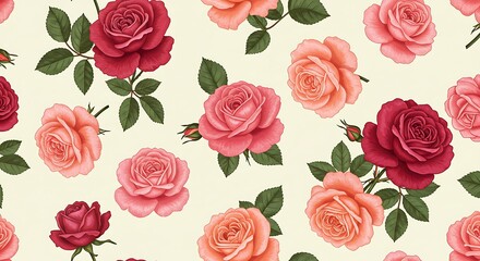 Floral pattern of roses in full bloom against a light yellow background