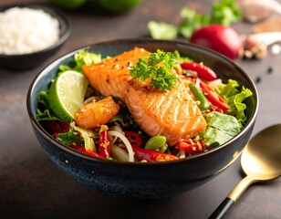 Pan-seared salmon atop a vibrant mix of vegetables and rice noodles in a dark bowl
