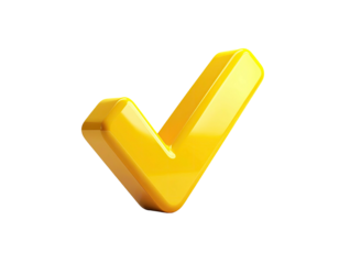 Shiny, three-dimensional golden checkmark, isolated against a stark black backdrop