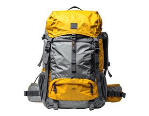 Backpack a sturdy, gray, and yellow hiking pack with numerous pockets and straps