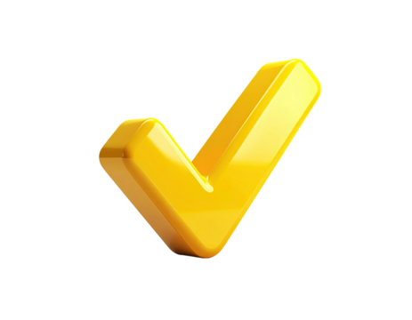 Shiny, three-dimensional golden checkmark, isolated against a stark black backdrop