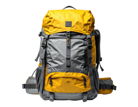 Backpack a sturdy, gray, and yellow hiking pack with numerous pockets and straps
