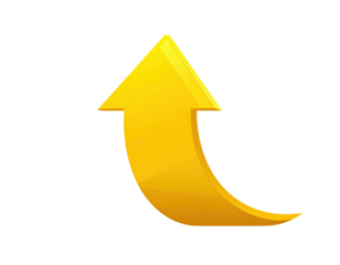 Glowing yellow arrow with a curved design, pointing up, set against black background