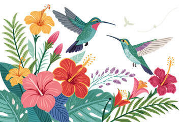 Obraz premium Depicting Hummingbirds Around Tropical Flowers Bold Beautiful Premium Digital Asset