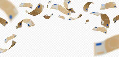 Euro banknote fall from above, vector throw paper bills explosion, realistic money cash, currency flight on wind blow