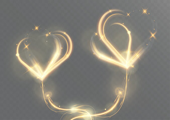 Glowing golden heart light trail with sparkles and bokeh on transparent background for romantic, love, wedding or valentine design.