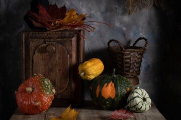 Pumpkins of different sizes and colors and an old box on a wooden table