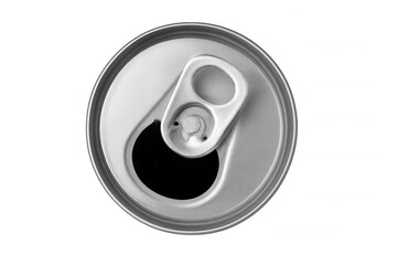 Open metal beverage can showing pull tab and opening, preparing for drink, top view with transparent background
