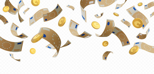 Euro banknote and golden coins falling down vector background, paper bills fly, money cash, European currency explosion © sabelskaya