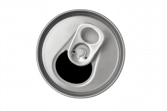 Open metal beverage can showing pull tab and opening, preparing for drink, top view with transparent background