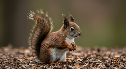 Fototapeta premium Alert squirrel portrait on forest floor wildlife photography close up