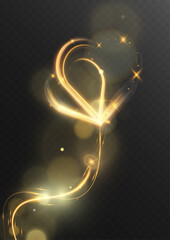 Glowing golden heart light trail with sparkles and bokeh on transparent background for romantic, love, wedding or valentine design.