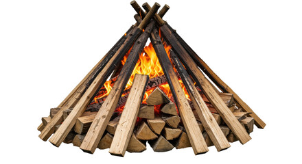 Burning campfire with stacked logs isolated on transparent PNG, outdoor fire for camping and survival, firewood teepee with flames