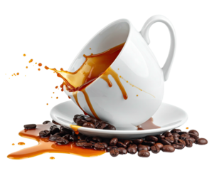 White cup spills hot, brown liquid over saucer, beans, with a black background