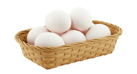 Basket of fresh chicken eggs isolated on transparent background, healthy food for breakfast and cooking ingredients