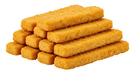 Pile of crispy breaded fish sticks isolated on transparent background, frozen seafood for fast food and convenience cooking
