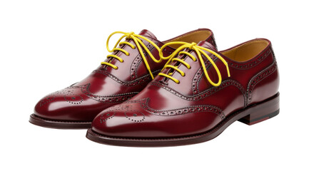 Burgundy leather brogue shoes with yellow laces isolated on transparent background, stylish footwear for formal occasions