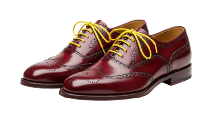 Burgundy leather brogue shoes with yellow laces isolated on transparent background, stylish footwear for formal occasions