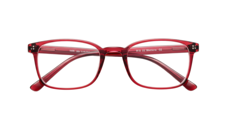 Red square eyeglasses isolated on transparent background, stylish eyewear for vision correction and fashion accessory