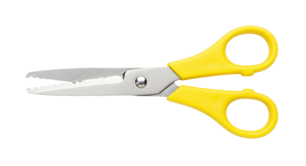 Safety scissors with yellow handles isolated on transparent background, crafting tool for kids and paper projects