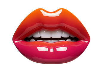 Glossy gradient lips with teeth isolated on white, vibrant mouth with red and orange lipstick for beauty and fashion