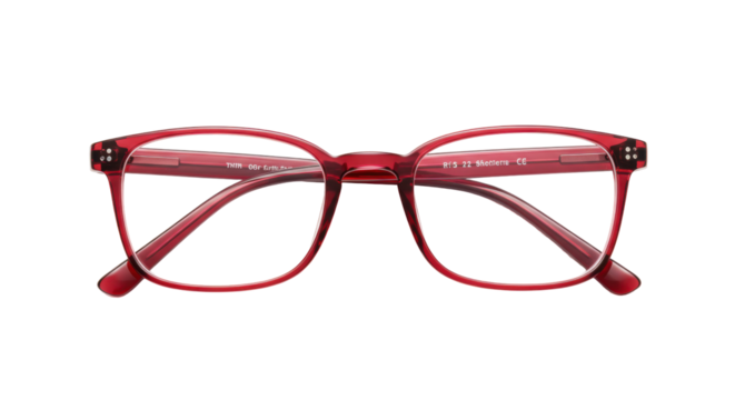 Red square eyeglasses isolated on transparent background, stylish eyewear for vision correction and fashion accessory