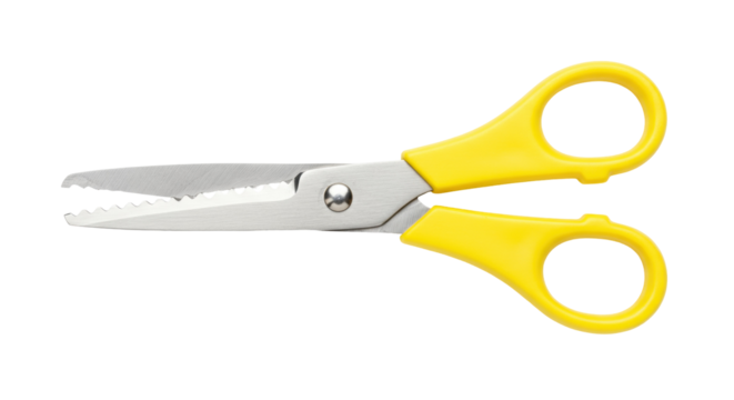 Safety scissors with yellow handles isolated on transparent background, crafting tool for kids and paper projects