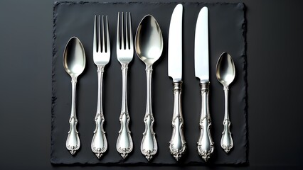 A complete set of elegant vintage silverware, including forks, spoons, and knives, is beautifully arranged on a dark slate plate. Top-down view.