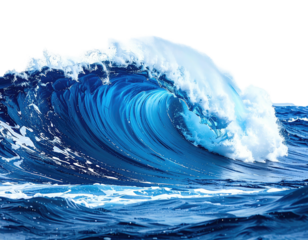 A powerful ocean wave cresting, showcasing churning blue waters and white foam