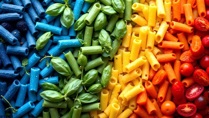A vibrant flat lay background of colorful dry pasta arranged in a rainbow gradient, decorated with fresh basil and cherry tomatoes.