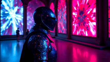 A medieval knight in full armor stands in a modern art gallery, creating a surreal contrast with the vibrant, psychedelic light displays.