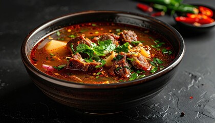 A rich, flavorful beef soup, served in a dark bowl, boasts chunks of meat and vegetables, highlighting a spicy and aromatic culinary dish.