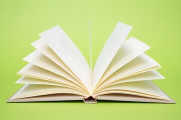 Open book on a green background with blank pages ready for writing and reading for education and learning