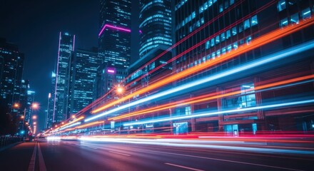 Night cityscape with light trails modern urban architecture long exposure photogr