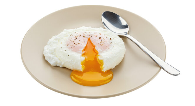 Perfectly poached egg with runny yolk isolated on beige plate, breakfast food photography