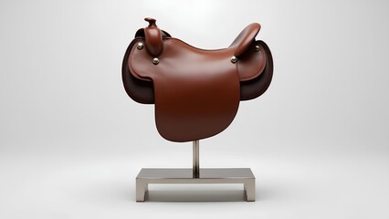 A classic brown leather equestrian saddle is elegantly displayed on a modern metal stand against a clean, minimalist white background.