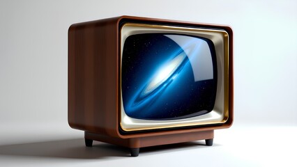 A vintage wooden television displays a vibrant galaxy and nebula on its screen, blending retro technology with cosmic imagery.