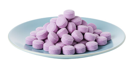 Pile of purple pastille candies on a blue plate isolated on white, sweet confectionery for breath...