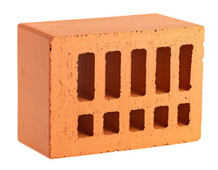 A rectangular clay brick with multiple rectangular holes, isolated on black
