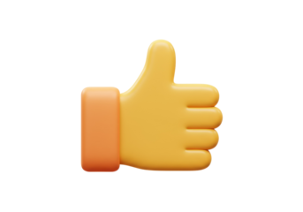 Yellow thumbs up emoji isolated PNG, 3D rendering hand gesture for social media feedback and approval on transparent background