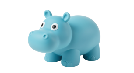 Light blue hippo toy isolated on transparent background, cute plastic animal figure for kids room decor and playtime fun