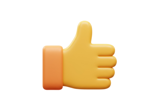 Yellow thumbs up emoji isolated PNG, 3D rendering hand gesture for social media feedback and approval on transparent background