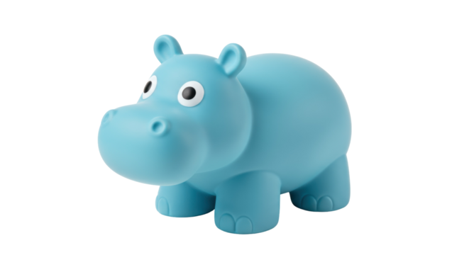 Light blue hippo toy isolated on transparent background, cute plastic animal figure for kids room decor and playtime fun