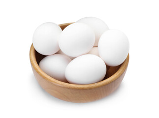 Raw chicken eggs in bowl isolated on white