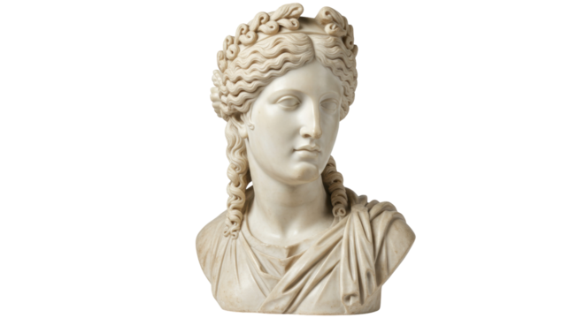 Marble bust of a woman with wreath isolated on transparent background, classical sculpture for art history and design projects