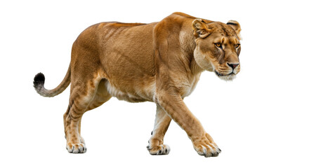 Majestic lioness walking isolated PNG on transparent background, powerful feline predator with...