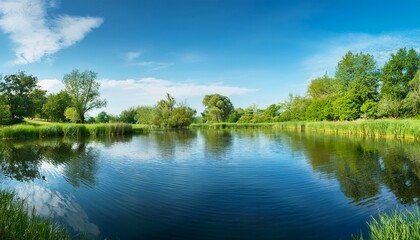 Fototapeta premium Serene Pond Scene On A Calm Sunny Day Rippling Water Reflects The Clear Blue Sky And Surrounding Lush Greenery Perfect For Nature Weather And Tranquility Themes Quiet Environment